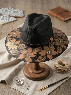 Mexican Hand-painted Black Fedora Hat Floral Gold Medium Size